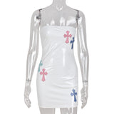 Y2K Cross Embroidered Bodycon Dress Women Summer Strapless Sexy White Mini Dresses Club Party Backless Tight Dress