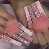 Zjkrl - 24Pcs Full Cover False Nails Red Rhinestone Planet Long Ballerina Coffin Nail Tips Detachable Fake Nails Press on Nails Manicure
