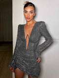 Zjkrl Elegant Long Sleeve Bodycon Mini Dress For Women Deep V Neck Sexy Ruched Party Club Evening Dresses Autumn Female Clothes