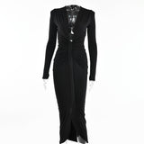 Zjkrl - Elegant Pleated Casual Bodycon Long Dress Autumn Winter Women Slim Evening Party Robe Sexy Bandage Ladies Dress