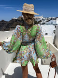 Sexy V-Neck Long Sleeve Top & Elastic Waist Short Floral Print Beach Outfit Fashion Lace Up Loose Chiffon Set Women Elegant Suit
