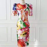 Zjkrl - Elegant Office Women Dress Vintage Floral O-Neck Short Sleeve Slit Slim Midi Club Robe Femme Ladies Vestidos Ropa Mujer Verano