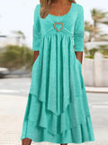 Zjkrl Elegant Office Women Patchwork Pockets Midi Dress Round Neck Basic Solid Long Sleeve Dress Lady Casual Summer Ruffles Club Dress