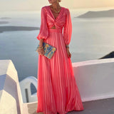 Women Elegant Solid Ruffles Long Party Dress Lady Sexy Deep V Neck Backless Dress Beach Style Femme Casual Holiday Dress Vestido