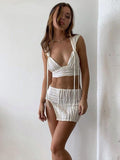Zjkrl Summer Beach Sexy Skirts Set Women Y2K Jacquard Knitted 2 Piece Sets Tank Tops And Split Mini Dress Vacation