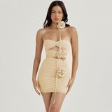Sexy Strapless Flower Mesh Women Dress Apricot Hollow Out Ruched Summer Dresses Woman 2023 Elegant Party Club Vestidos