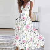 Zjkrl - Elegant Pattern Print High Waist Party Dress Summer Deep V Neck Sleeveless Long Dress Female A-Line Big Hem Slim Evening Dresses