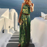 Zjkrl - Beach Style Lady Casual Sleeveless Long Dress Streetwear Women Halter Backless Print Dress Loose Off Shoulder Summer Maxi Dress