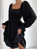 Women Elasticity Dress Ruffle High Waist Tight A-line Dress Pullover Square Collar Long Sleeve Ruffled Dresses