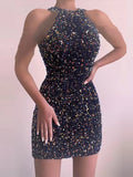 Zjkrl 2023 Sexy Sleeveless Off Shoulder Skinny Dress Fashion Mini High Waist Party Dress for Women Elegant Halter Chain Sequin Dress