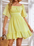 Zjkrl White Summer Dress Backless Lace Up Ruffles Ruched Solid Tie Back Flounce Hem Dress·puff Sleeve Elegant Dress