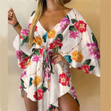 Sexy Large V Neck Bat Sleeve Dresses Casual Women's Spring Summer Fashion Print High Waist Lace-up Cotton Slim Fit Ladies Dressy