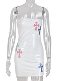 Y2K Cross Embroidered Bodycon Dress Women Summer Strapless Sexy White Mini Dresses Club Party Backless Tight Dress
