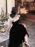 Zjkrl Summer Women Elegant Spaghetti Strap Midi Black Velvet Dress Sexy Prom Evening Party Birthday Club Fashion Clothing