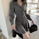 Zjkrl - Chic Long Sleeve Single-breasted Women Shirt Dress 2023 Autumn V Neck Pleated Mini Dresses Korean Gray Slim High Waist Vestidos