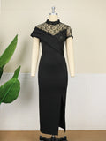 Zjkrl - Black Long Prom Dresses High Neck Lace Patchwork Bodycon Women Evening Cocktail Club Party African Gowns Sexy Slit Outfits 2022