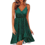 Zjkrl S-2XL 17Colors Print Ruffles Sleeveless Fit Flare Dress Casual V-Neck Women Beach Party Entertainment Daily Suspender Wear