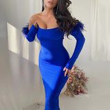 Zjkrl Party Dresses For Women Outfits Elegant Off-shoulder Feather Sleeve Maxi Dress Women New Strapless Backless Bodycon Long Dress Vestido