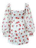Zjkrl - 2023 Women French Style Rose Flower Print Satin Dress Vintage Puff Long Sleeve Ladies Holiday Mini Robe