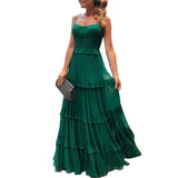 Zjkrl Green Tulle Spaghetti Strap Womens Dress Elegant Party Evening Sleeveless Sexy Long Dresses Pleated Ruffles Maxi Summer Dress