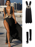 Zjkrl Women Evening Party Dress Vestidos Long Maxi Dress Sexy Summer Deep V Neck Backless Dress High Slit Fashion Festival