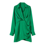 Solid Chic V-Neck Office Lady Satin Dresses For Women 2023 Women&#39;s Long Sleeve Gathered Pullovers Slim Elegant Female Dress