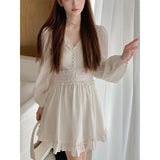 Zjkrl - French Elegant Mini Dress Women Solid Basic Sweet Vintage Chiffon Dress Office Lady One Piece Dress Korean Solid 2023 Spring
