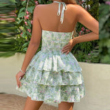 Zjkrl - Fashion Backless Floral Print Party Dress Sexy Cross Halter Bag Hip Summer Dress 2023 Elastic High Waist Layered Cake Dresses