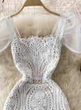 Zjkrl White Lace Dresses for Women Summer 2023 New Puff Sleeve Square Collar Back Zipper Hollow Out A-Line Evening Midi Dress