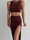 Women Sexy Solid Color Two-piece Set Women's Sleeveless O-neck Vest and High Waist Split Long Slit Skirt Suit  2022 Summer