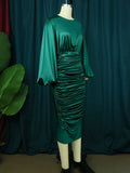 Zjkrl Long Sleeve Green Dresses Bodycon Elastic Satin Smocked Midi Dress Elegant Big Size Shiny Evening Christmas Party Church Outfits