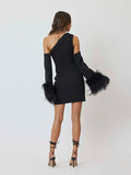 Zjkrl Sexy 2023 Spring Outfits One Shoulder Diagonal Collar Backless Long Sleeve Feather Short Dress Black White Evening Party Dresses