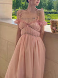 Summer Pink Casual Beach Fairy Dress Boho France Elegant Strap Dress Women Chiffon Korean Style Sweet Party Midi Dress New