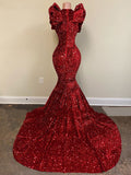 Zjkrl Burgundy Sequin Long Mermaid Prom Dresses 2023 Black Girl Ruffles V-Neck Sleeveless Formal Evening Gown for Wedding
