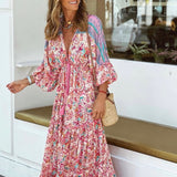 Zjkrl Retro V-Neck Batwing Sleeve Long Dress Sexy Hollow Out High Waist Slit Boho Dress Women Elegant Floral Print Pleated Beach Dress