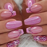 Zjkrl - 24Pcs Full Cover False Nails Red Rhinestone Planet Long Ballerina Coffin Nail Tips Detachable Fake Nails Press on Nails Manicure