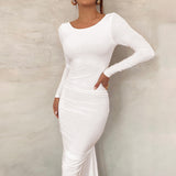 Zjkrl Backless Maxi Dress Elegant Red Long Sleeve Sexy Ruched Bodyocn Evening Party Dress for Women 2023 Spring Slim Christmas Outfits