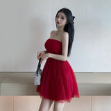 Red White High Waist Mesh Dress Women Backless Short Party Club Wear Sexy A-line Ball Bown Dress Sleeveless Summer
