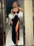 Zjkrl Sexy Spaghetti Tassel Diamond Tight Dress Maxi Club Luxury Bodycon Dress Backless High Slit Dress Celebrity Evening Party Dress