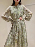 Zjkrl - Fashion Designer Spring Print Midi Chiffon Dress Women 2023 New Elegant Long Sleeve Single Breasted Vintage Vacation Robes