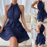 Zjkrl Women Soild Ruffle Design Dress Halter Neck Dress Casual Sweet Style Dress Grace Sleeveless Dress Women Summer Dress