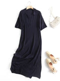 New Autumn Women Vintage Navy Blue Short Sleeve Rib Knit Dress Office Ladies Side Slits Casual Loose Midi Dress
