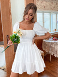 Zjkrl White Summer Dress Backless Lace Up Ruffles Ruched Solid Tie Back Flounce Hem Dress·puff Sleeve Elegant Dress
