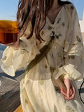 Zjkrl Frehcn Vintage Floral Midi Dress Office Lady V-Neck Casual Beach Party Dress Women 2023 Summer Chiffon One Piece Dress Korean