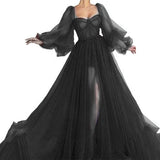 Zjkrl Simple Blue Prom Dresses Long Puff Sleeves Exposed Boning Illusion Evening Dresses High Slit Tulle A-Line Formal Gowns