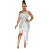 Zjkrl - 2023 Summer Formal Glitter Sequins Full Sleeve Slash Neck Bodycon Party Night Club Dresses Sexy Birthday Women Tassel Dress