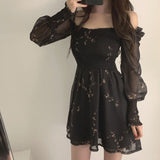 Zjkrl - Korean Vintage Flower Black Dress Women Long Puff Sleeve Chiffon Spring Dresses Casual Mini Dress Vestidos Mujer Clothes