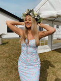 Zjkrl Floral Print Cottagecore Elegant Sleeveless Maxi Sundress Sexy Backless Women Party Club Tie Front Dress Holiday