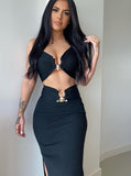 Zjkrl - 2023 Summer Cut Out Long Dress Black Sleeveless Women Metal Sexy Backless Halter Neck Maxi Dresses Party Club Clothes