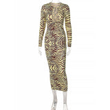 Zjkrl - Autumn Street Print Dresses For Women 2023 Hollow Out Bandage Long Sleeve Maxi Dress Female Striped Bodycon Long Dress